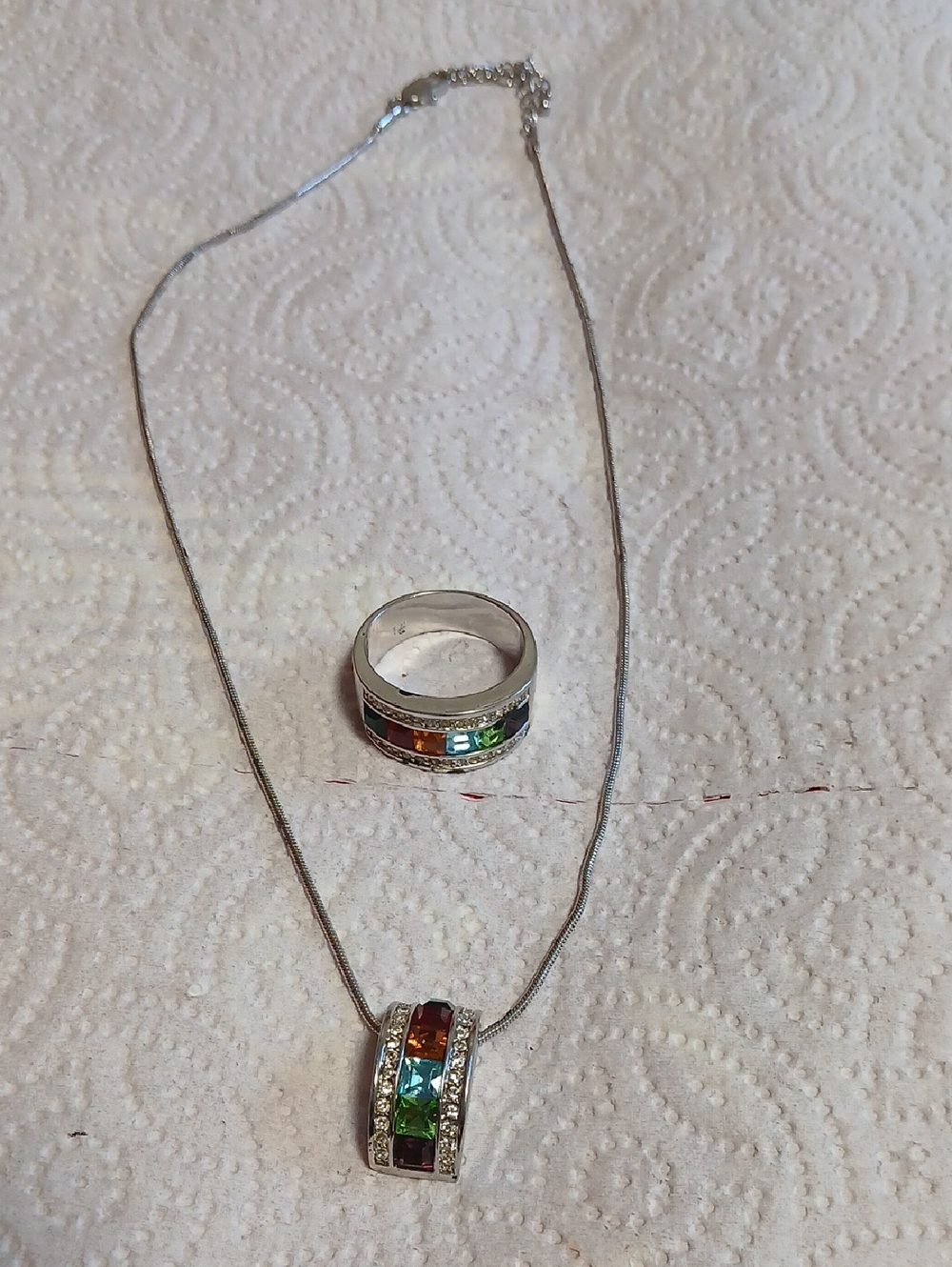 Silver Multicolor Crystal Pendant Necklace and Ring Set